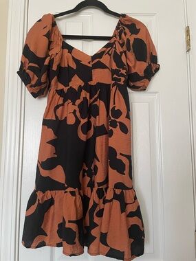 Rust & Black Puff Sleeve Midi Dress